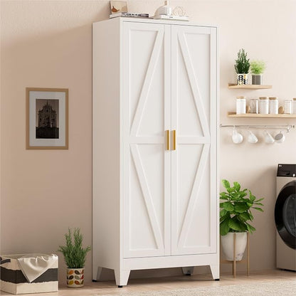 Metal Kitchen Pantry Cabinet,71" White Farmhouse Storage Cabinet with 2 Vintage Barn Doors and 4 Adjustable Shelves, Rustic Freestanding Cupboard for Kitchen,Home Office Living Room,Dining Room