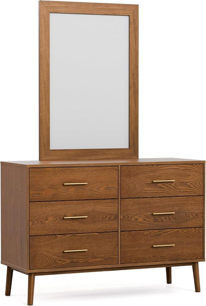 Furniture of America Wyatt Modern Solid Wood Bedroom Collection with Queen Bed Frame, Nightstands, Dresser with Mirror, Chest, No Box Spring Needed, Walnut, Standard Low Profile, 6-Piece Set