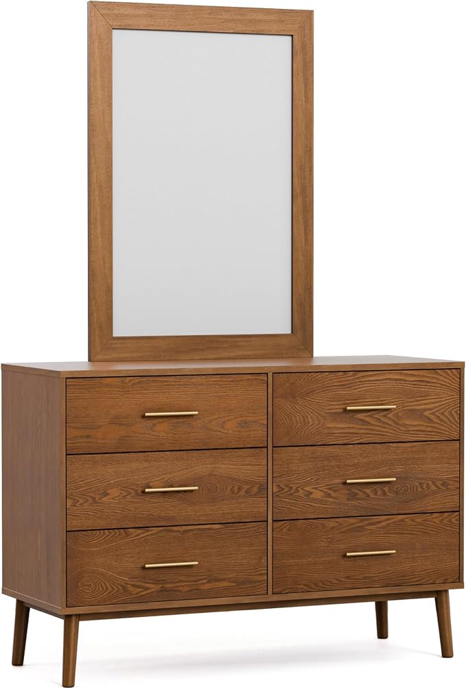 Furniture of America Wyatt Modern Solid Wood Bedroom Collection with Queen Bed Frame, Nightstands, Dresser with Mirror, No Box Spring Needed, Walnut, Standard Platform, 5-Piece Set