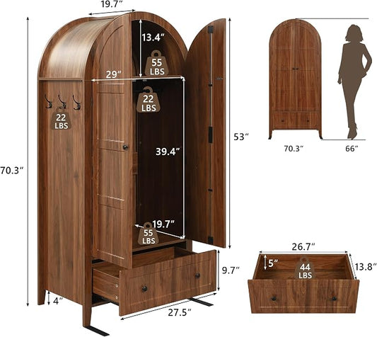 Einhomn Armoire Wardrobe Closet with Drawer & 2 Arched Doors, 70.3'' Tall Wood Closet Organizer with Hanging Rod & 3 Hooks, Large Storage Cabinet Freestanding Bedroom Admoires, Easy Assembly, Walnut