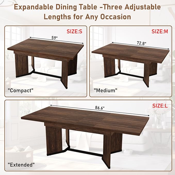 86 in Extendable Dining Table for 6 8 10 People,59"-86" Farmhouse Rectangle Extending Dining Table w/Removable Leaves Space Saving,Wooden Adjustable Tables for Kitchen Office Living Room (Brown)