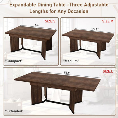 86 in Extendable Dining Table for 6 8 10 People,59"-86" Farmhouse Rectangle Extending Dining Table w/Removable Leaves Space Saving,Wooden Adjustable Tables for Kitchen Office Living Room (Brown)