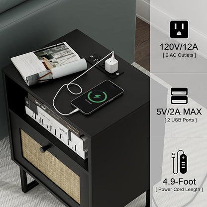 Masupu Extra Large Rattan Nightstand,Boho Night Stand Modern Farmhouse Wood Bedside Table with Storage Drawer and Open Shelf,Side End Table for Bedroom,Living Room,Black