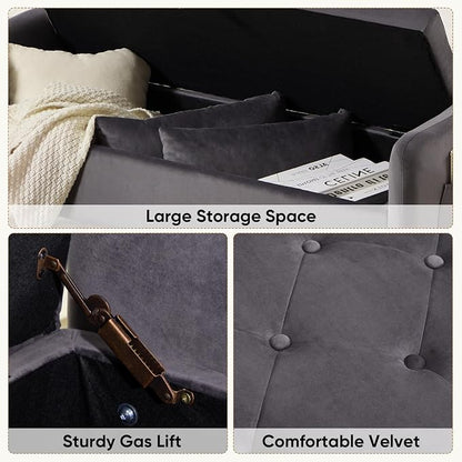 48" End of Bed Bench, Modern Storage Benches with Button-Tufted, Velvet Upholstered Storage Ottoman Bench for Foot of Bed with Arms, Gold Legs Window and Entryway, Dark Grey