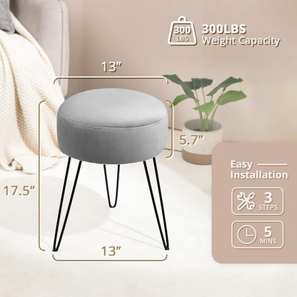 LUE BONA Vanity Stool, Gray Vanity Stools for Makeup Room, Round Ottoman Foot Stool, Velvet Footrest Vanity Chair for Bathroom Vanity, Bedroom, Living Room, Entryway, Offices, 300lbs