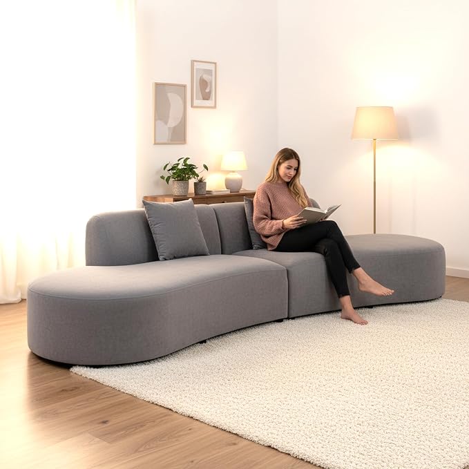 Container Furniture Direct Belmont 132" Curved Sofa with Throw Pillows, 6 Seater Luxury Velvet Couch with Half Moon Design and High-Density Foam, Ideal for Modern Living Room, Office & Apartment, Grey