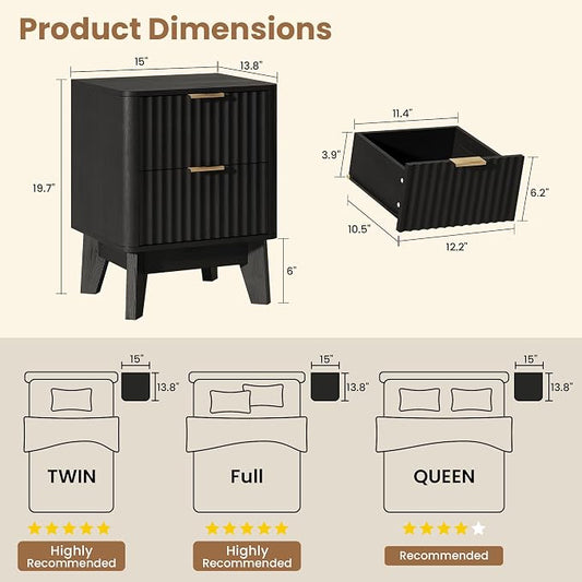 Fluted Nightstand Set of 2, Modern End Table with Metal Handle,2 Storage Drawers Side Table,Bedside Table for Bedroom,Wood Nightstands,Curved Profile Design Furnitue, Black
