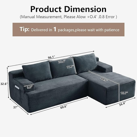 96" Cloud Sectional Couch with L-Shape Chaise, Modular Comfy Sofa Chaise Longue, Upholstered Corduroy Couches Sleeper with Deep Seat for Living Room Bedroom, No Assembly Required(Grey, Right Facing)