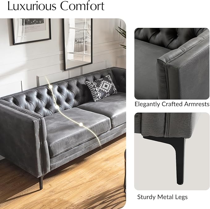 HULALA HOME 84" W Faux Leather Sofa Couch with Metal Legs, Button-Tufted 3-Seater Sofa, Mid Century Modern Contemporary Upholstered Couch for Living Room, Entertainment Area, Apartment,Grey
