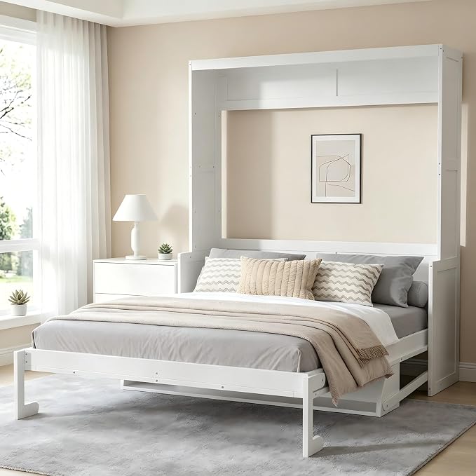PVWIIK Queen Size Murphy Bed with Desk,Storage Shelf for Small Space,Bedroom,Guest Room,Wood Hidden Wall Multifunctional Bed Space-Saving Cabinet,White