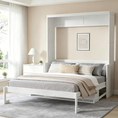 PVWIIK Queen Size Murphy Bed with Desk,Storage Shelf for Small Space,Bedroom,Guest Room,Wood Hidden Wall Multifunctional Bed Space-Saving Cabinet,White
