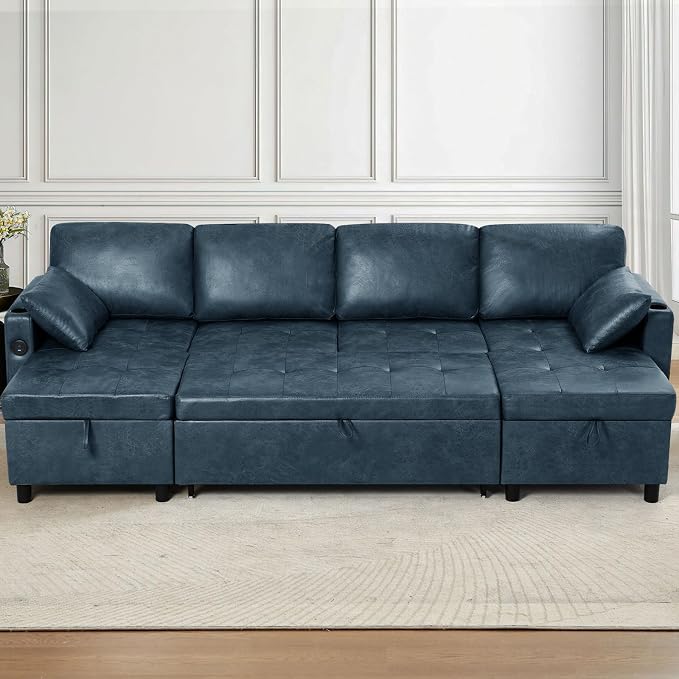 110 inches Suede Leather Sleeper Sofa w/Pull Out Bed, U-Shape Sectional Sofa Bed w/Adjustable Backrest and Storage Chaises, 4-Seats Upholstered Sofa Bed w/USB Port for Living Room, Blue