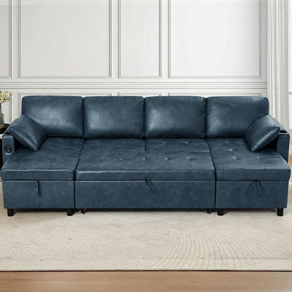 110 inches Suede Leather Sleeper Sofa w/Pull Out Bed, U-Shape Sectional Sofa Bed w/Adjustable Backrest and Storage Chaises, 4-Seats Upholstered Sofa Bed w/USB Port for Living Room, Blue