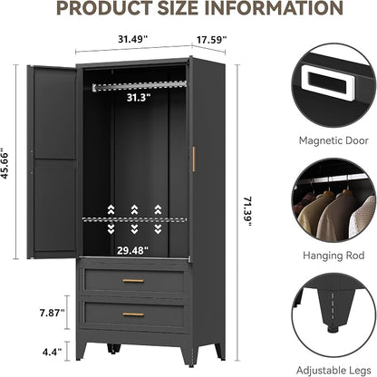 Baborokic Metal Wardrobe Cabinet with Hanging Rod,71" Armoire Wardrobe Closet with Adjustable Shelves,Farmhouse Steel Clothing Storage Cabinets for Bedroom,Office,Laundry Room Black