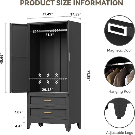 Baborokic Metal Wardrobe Cabinet with Hanging Rod,71" Armoire Wardrobe Closet with Adjustable Shelves,Farmhouse Steel Clothing Storage Cabinets for Bedroom,Office,Laundry Room Black