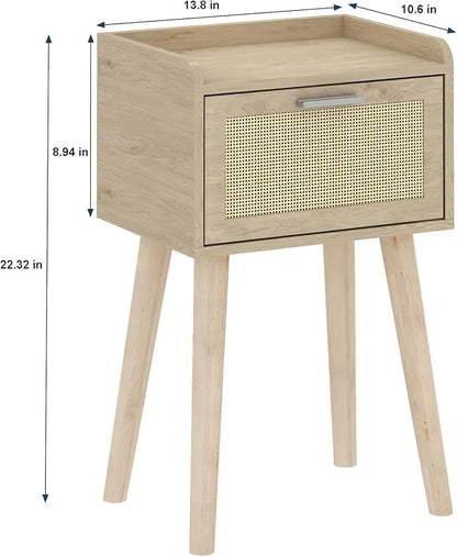 LAATOOREE Nightstand Set of 2, Small Bedside Table, End Table with Rattan Door, Boho Side Table with Solid Wood Legs for Bedroom Living Room Small Space