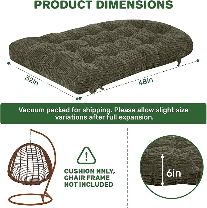 idee-home Egg Chair Cushion Replacement, Tufted Hanging Egg Chair Cushions | Oversized Wicker Swing Cushion with Corduroy Cover for Indoor Hammock Basket Chair, Green (Chair Not Included), 48x32 Inch