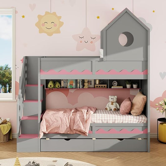 Virubi Twin House Bunk Bed with Stairs and Drawers,Wood Castle Bed with Storage Drawers Shelves& LED Lights (Twin Over Twin,Grey)