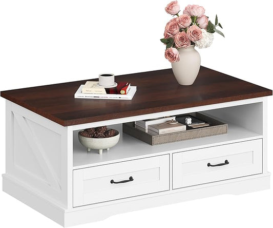 WLIVE Coffee Table for Living Room, 43" Framhouse Coffee Table with 2 Storage Drawers, Modern Center Table with Open Display Area, Elegant Curved Base, White
