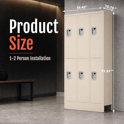 BUTISOW 6 Door Metal Storage Locker for Employees, Heavy Duty Steel School | Locker with Lift Up Handle & Recessed Hasp, Gym Office Lockers with Adjustable Shelves & Hooks, Beige