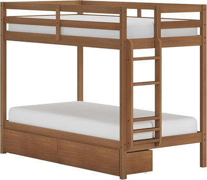 Grain & Grove Bear Twin Over Twin Bunk Bed with Storage Drawers, Sturdy Bunk Bed Frame for Kids, Plywood Bunk with Ladder, Guardrail, and Slats, No Box Spring Required, Oak Embossed Pecan