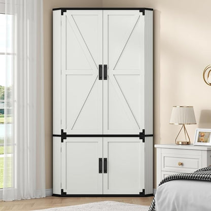 Gyfimoie Corner Wardrobe Closet with Doors, 71" Tall Freestanding Armoire Cabinet with Hanging Rod, Farmhouse Corner Storage Cabinet for Bedroom, White Wooden Corner Closet Organizer for Small Space