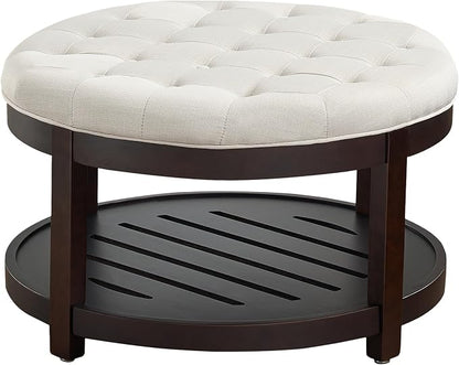 adochr Round Coffee Tables for Living Room,33’’ Storage Ottoman with Wooden Tray, Upholstered Ottoman Footrest, Beige