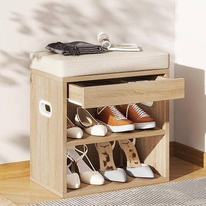 YMYNY Small Shoe Storage Bench with Cushion and Drawer, 2 Tier Adjustable Entryway Bench with Storage, Wooden Shoe Rack Bench for Entryway, Living Room, Hallway, Bedroom, Light Natural, HSC002R