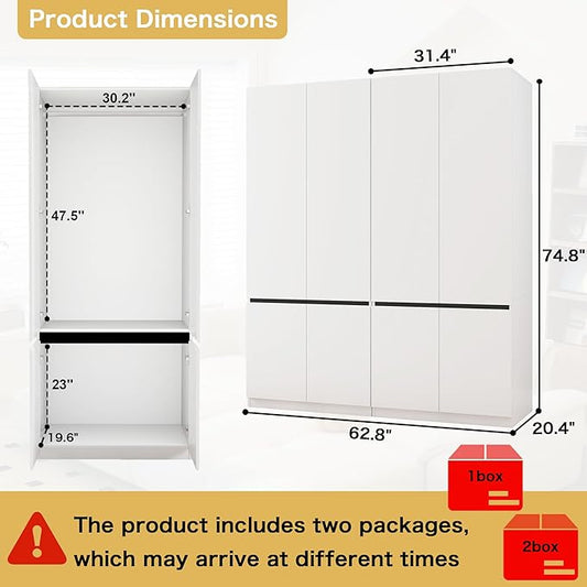 White Armoire Wardrobe Closet: 74" Wooden Wardrobe Closet with 4 Doors, Bedroom Armoires with Hanging Rod, Tall Closets Cabinet for Hanging Clothes (63")