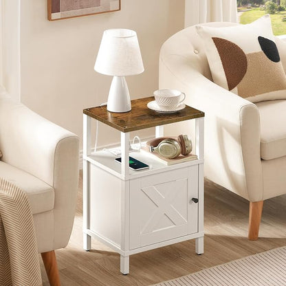 MAHANCRIS Farmhouse Nightstand with Charging Station, Barn Door End Table with USB Ports and Storage Cabinet, Bedside Table for Bedroom, Small Space, White and Rustic Brown ETRW96E01