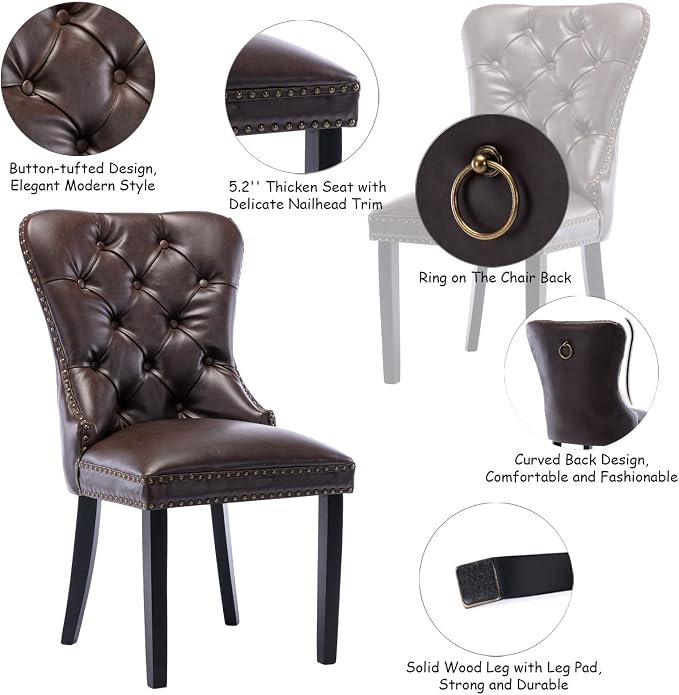 CIMOTA Dark Brown Leather Dining Chairs Set of 8 Mid Century Modern Dining Room Chairs Tufted Upholstered Kitchen Dining Chairs Comfortable Side Chairs with Nailhead Trim/Ring Back (PU Espresso/8PCS)