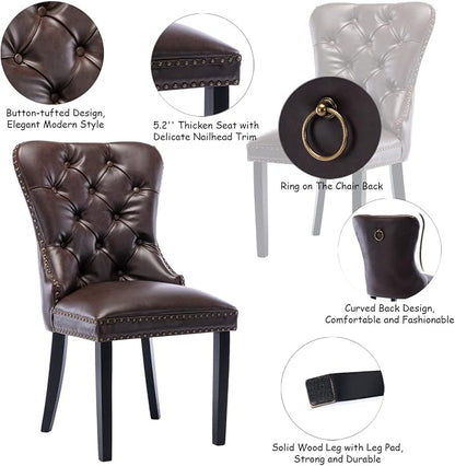 CIMOTA Dark Brown Leather Dining Chairs Set of 8 Mid Century Modern Dining Room Chairs Tufted Upholstered Kitchen Dining Chairs Comfortable Side Chairs with Nailhead Trim/Ring Back (PU Espresso/8PCS)