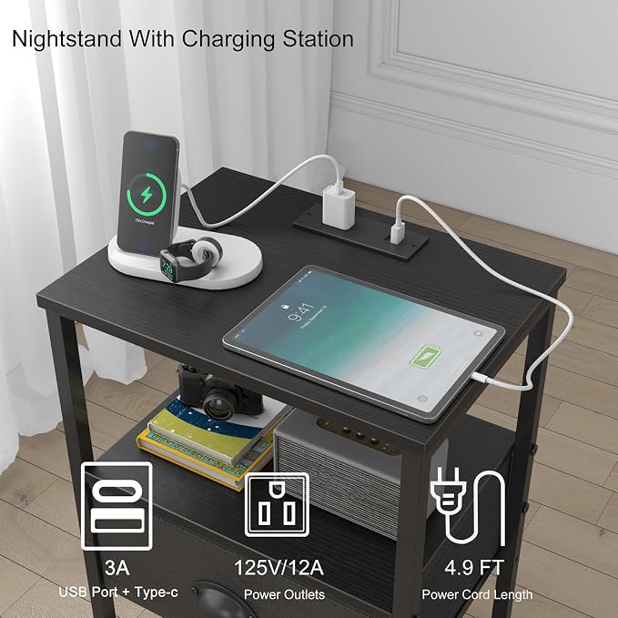 sthmec Nightstands Set of 2, LED Night Stands with Charging Station and Fabric Drawer, Bedside Tables with Drawers, 2- Tier LED Side Tables End Table Charging Station Bedroom, Black