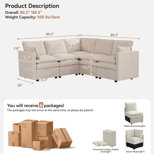 80" Beige Modular Storage Sofa, V Shaped Chenille Cloud Couch with Armrest | Oversized Convertible Sectional Sofa, 5-Seat Sectional Couch With Armrests, Large Cloud Couch For Living Room, Apartment.