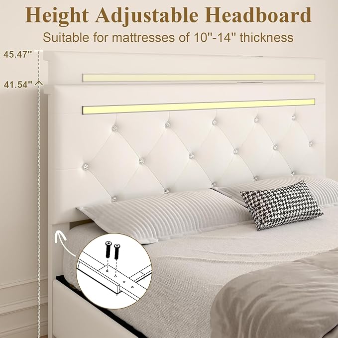 4 Pieces Full Bedroom Set, Modern PU Fabric Metal Bed Frame with Charge Port, LED Light& Adjustable Headboard, Vanity Table with Slide LED Mirror& Hair Dryer Holder, 2 Nightstands with Charge