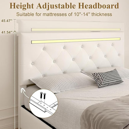 4 Pieces Full Bedroom Set, Modern PU Fabric Metal Bed Frame with Charge Port, LED Light& Adjustable Headboard, Vanity Table with Slide LED Mirror& Hair Dryer Holder, 2 Nightstands with Charge