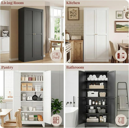 75" Metal Kitchen Pantry Cabinet with Dual Handles & Adjustable Legs, Freestanding Storage Cabinet with Doors and 5 Adjustable Shelves, Tall Food Pantry for Kitchen Dining Room, White
