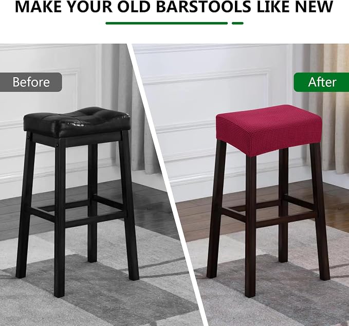 YISUN Stool Covers Rectangle - 2 Pack Stretch Waterproof Saddle Seat Cover Counter Bar Stools Bar Chairs Covers Kitchen Island Chairs Cushion Protector (2, Wine Red)