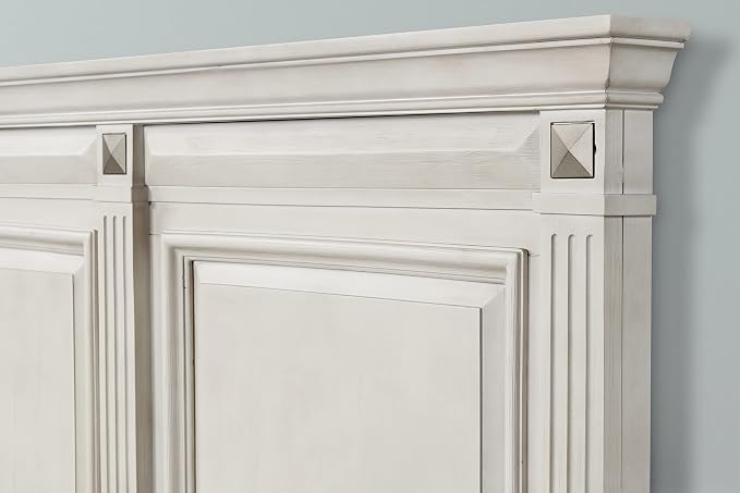 Renova Distressed Parchment Wood Bedroom Set, Panel Bed, Dresser, Mirror, Two Nightstands, Chest