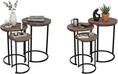 Lavish Home Nesting Tables - Set of 6 Round Side Tables with Woodgrain-Look Tops and Black Metal Frames – Modern Accent & End Table Set for Living Room, Bedroom, or Home Office (Gray/Brown)