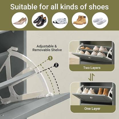 Haotian FSR94-HG, Grey Shoe Storage Cabinet with 3 Flip Drawers, Freestanding Shoe Rack, Shoe Storage Cupboard Organizer(9.4" D x 20.9" W x 46.1" H)