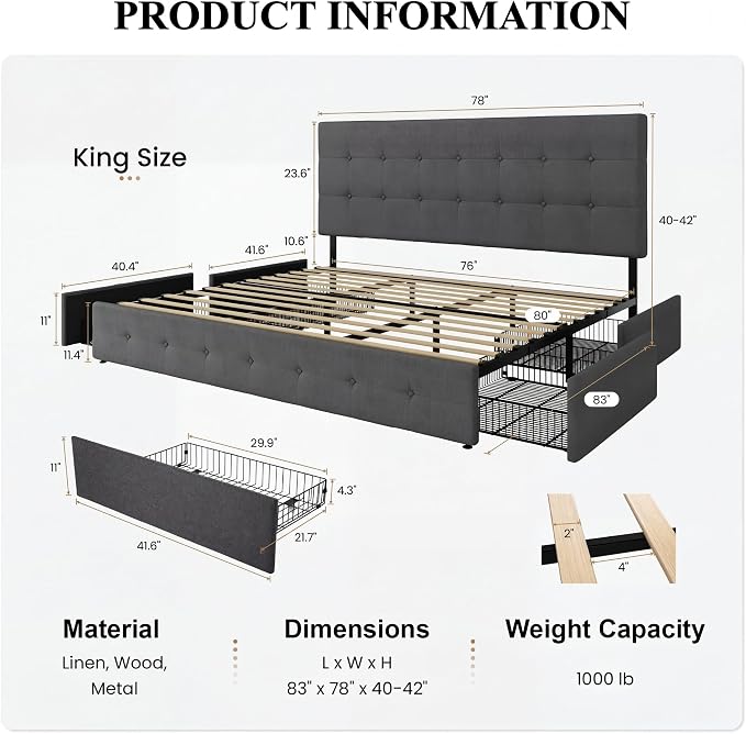 SHA CERLIN Upholstered King Size Platform Bed Frame with 4 Storage Drawers, Adjustable Headboard with Square Stitched Button Tufted Design, Wooden Slat Support, No Box Spring Needed, Dark Grey