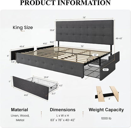 SHA CERLIN Upholstered King Size Platform Bed Frame with 4 Storage Drawers, Adjustable Headboard with Square Stitched Button Tufted Design, Wooden Slat Support, No Box Spring Needed, Dark Grey
