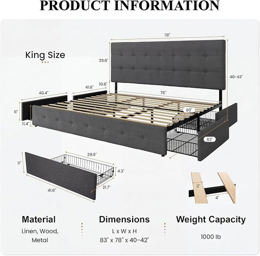 SHA CERLIN Upholstered King Size Platform Bed Frame with 4 Storage Drawers, Adjustable Headboard with Square Stitched Button Tufted Design, Wooden Slat Support, No Box Spring Needed, Dark Grey