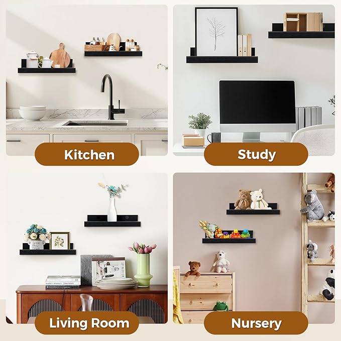 Muzilife 24" Small Floating Wall Ledge Shelves with Lip - Set of 2 Wood Floating Shelves - Black Wall Mounted Picture Ledge for Office, Bathroom, Bedroom, Living Room, Kitchen