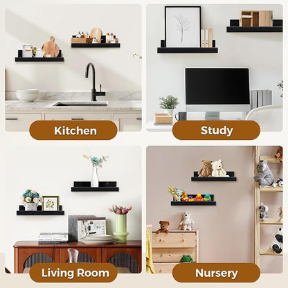 Muzilife 16" Floating Wall Ledge Shelves with Lip - Set of 2 Wood Floating Shelves - Black Wall Mounted Picture Ledge for Office, Bathroom, Bedroom, Living Room, Kitchen