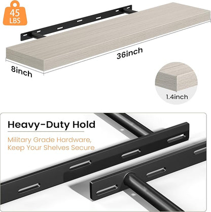 Fun Memories 36 Inch Floating Shelves - Deep Rustic Wooden Wall Shelves - Extra Deeper & Thicker Wall Mounted Storage Shelf for Bedroom, Kitchen, Farmhouse - 2 Pack, Grey