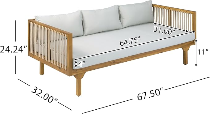 Merax Acacia Wood Outdoor Patio Loveseat Sofa w/Coushion and & Light Brown Rope, 3-Seater Sofa Daybed for Backyard, Lawn, Deck, Balcony, Water Repellent Fabric, 600 lbs Capacity,Teak +Light Gray