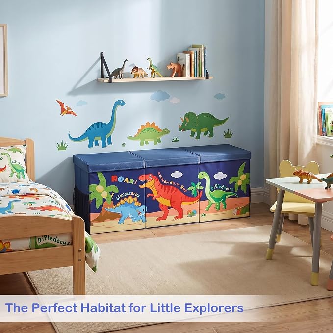 Unicorn Castle Toy Box with Adjustable Divider Toy Chest Storage Large Toy Storage Organizer Bin Collapsible with Lid Pockets for Nursery Playroom,Dark Blue Dinosaur