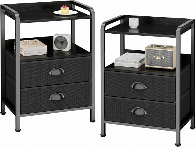 Night Stand Set 2, Nightstand with 2 Fabric Drawer, End Table with Open Shelf, Bedside Table Side Table with Wooden Top for Bedroom, Black